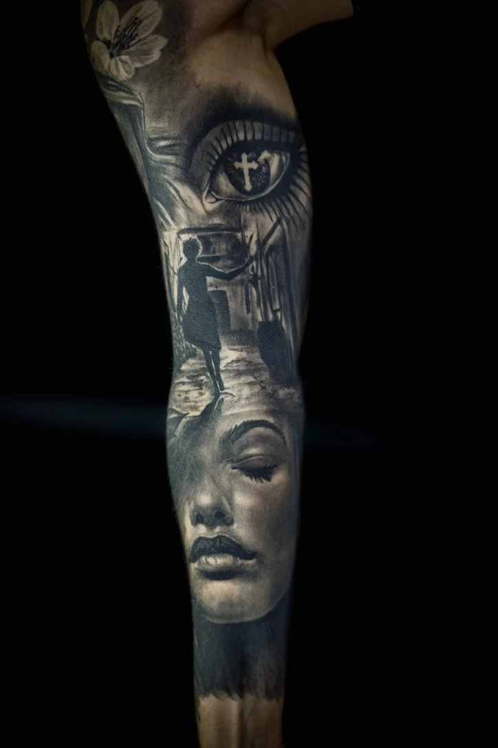 Black & Gray Realism tattoo by levi70six: eye, cross, woman, child
