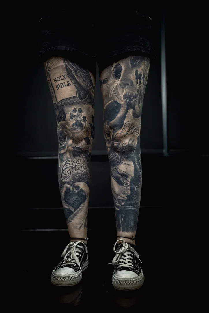 Black & Gray Realism tattoo by levi70six: dog paw print, rose, hand making heart shape, skull