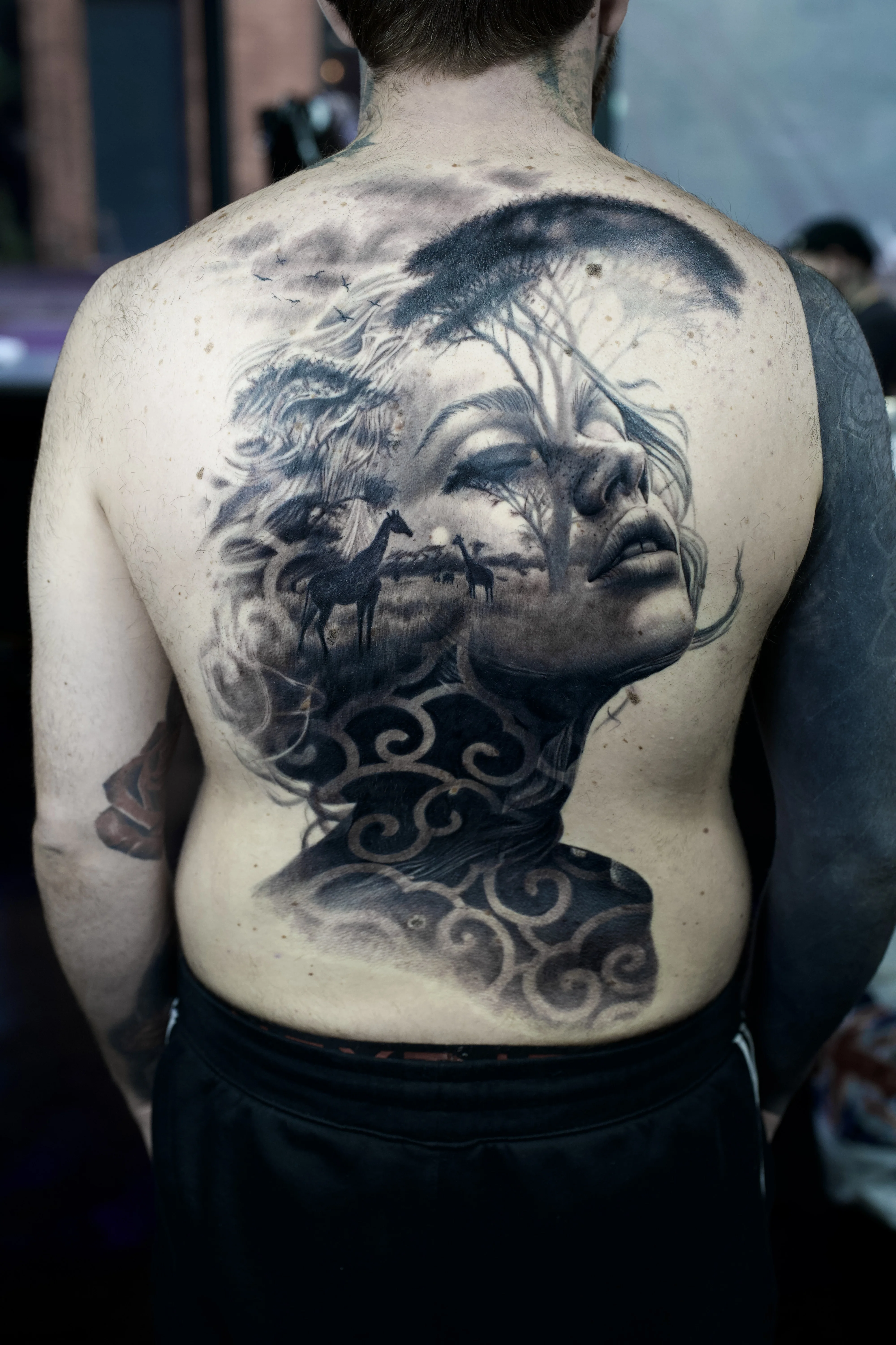Black & Gray Realism tattoo by levi70six: woman, tree, cloud, horses