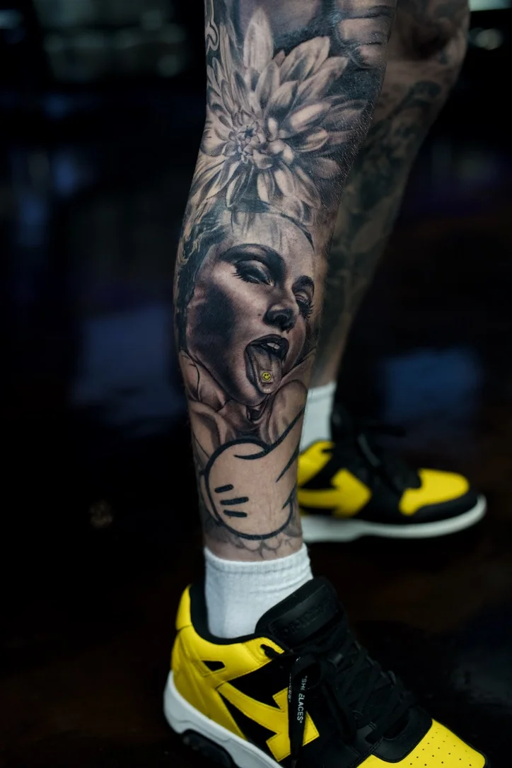 Realistic Woman and Flower Calf: woman, flower, tongue, smile, dark, realism