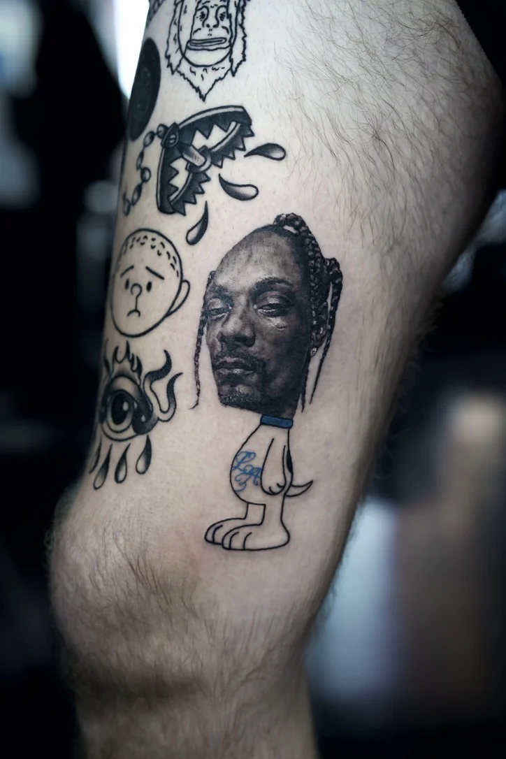 Black And Grey Realistic Dog Body With Face: snoopy, snoop dogg's face, eye, sad face, bear face, mouth with fangs