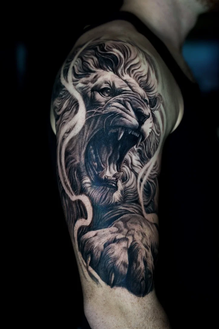 Roaring Lion Black & Grey Half Sleeve: lion, mane, paw, open mouth, teeth, animal