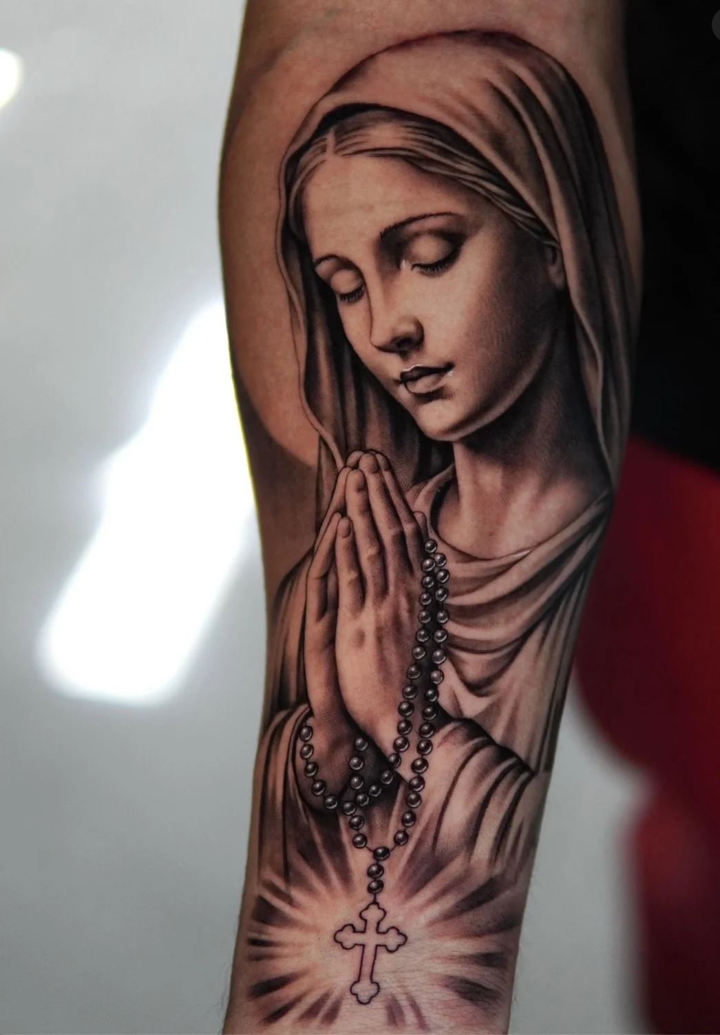 Praying Woman Forearm: woman, rosary, praying hands, cross, religious, spiritual