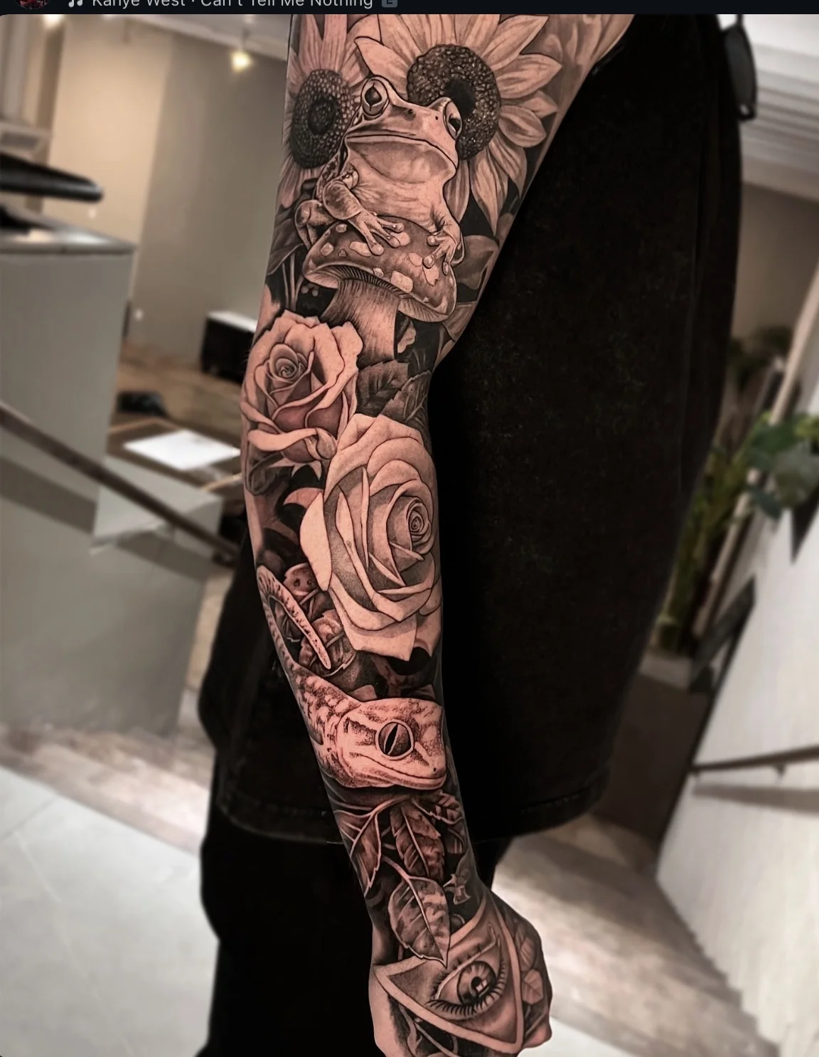 Black & Gray Realism tattoo by Daniel N Tattoo: frog, mushroom, sunflower, rose