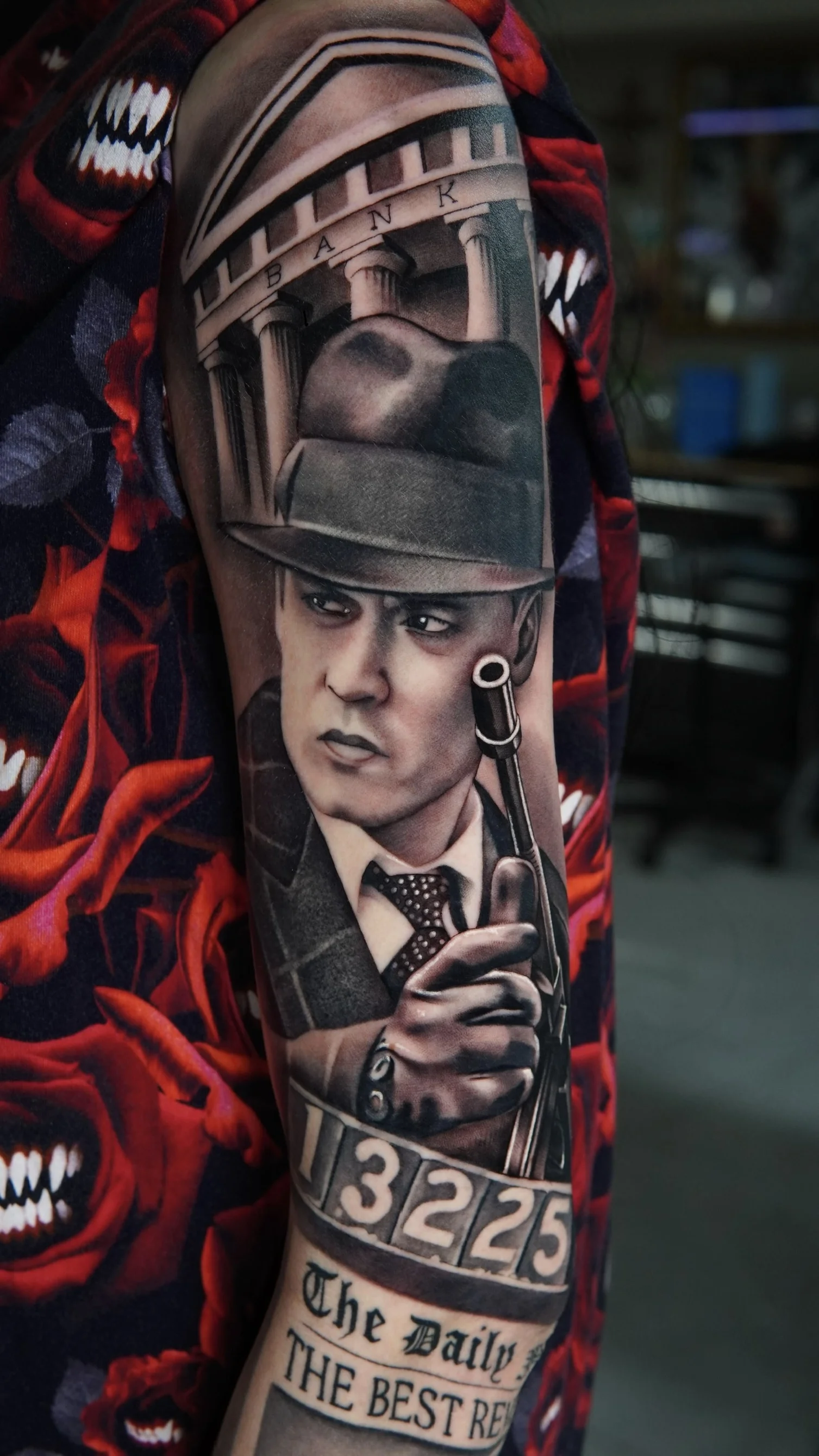 Black & Gray Realism tattoo by Daniel N Tattoo: man, fedora hat, gun, bank building