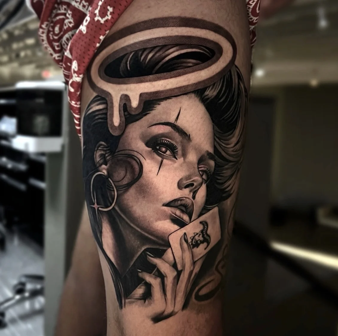 Black & Gray Realism tattoo by Daniel N Tattoo: woman, playing card, scorpion symbol, hand