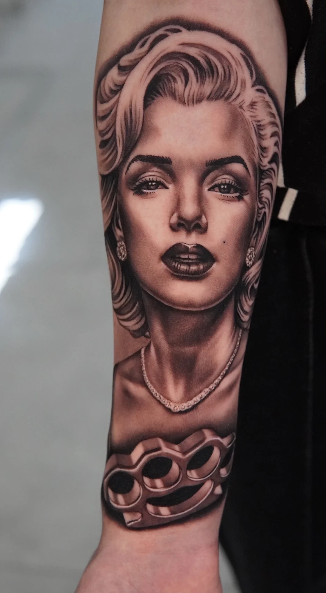 Black & Gray Realism tattoo by Daniel N Tattoo: woman, portrait, jewelry, brass knuckles