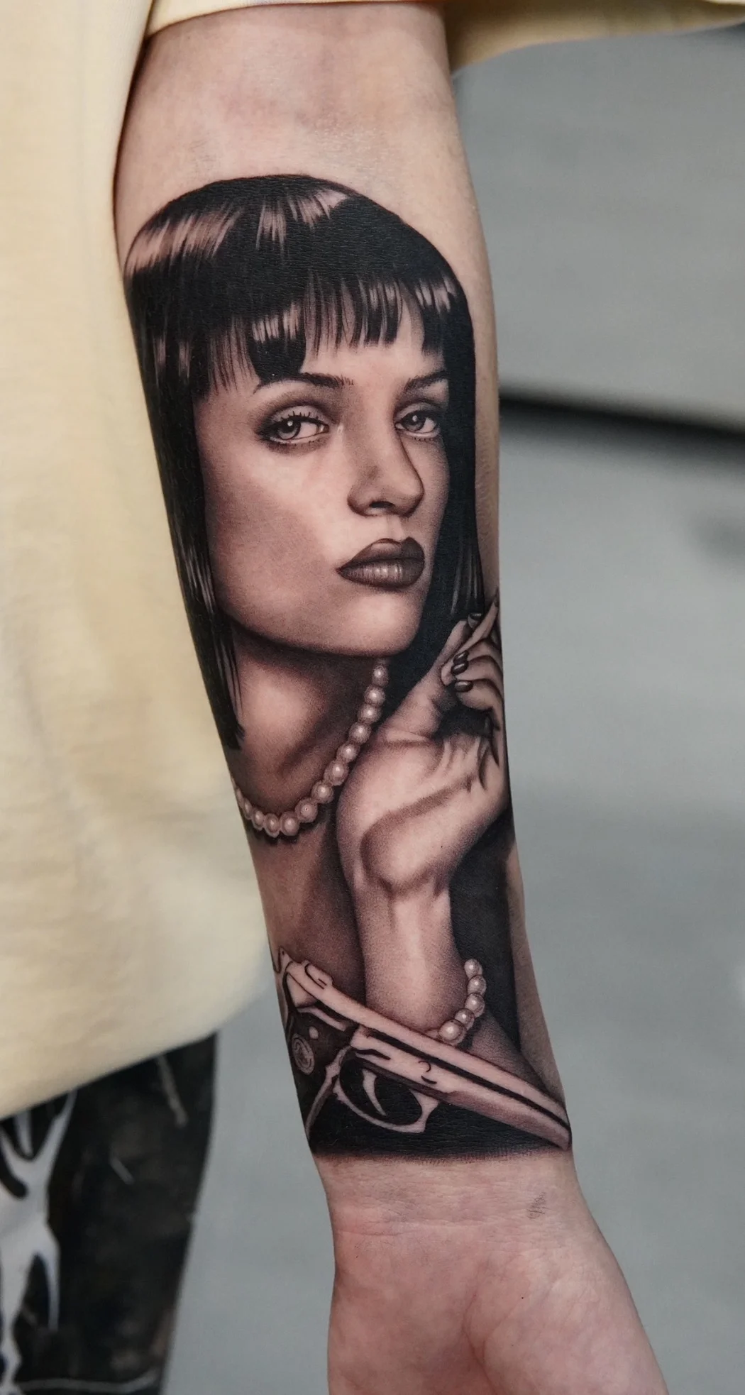 Black & Gray Realism tattoo by Daniel N Tattoo: woman, portrait, pearl necklace, hand