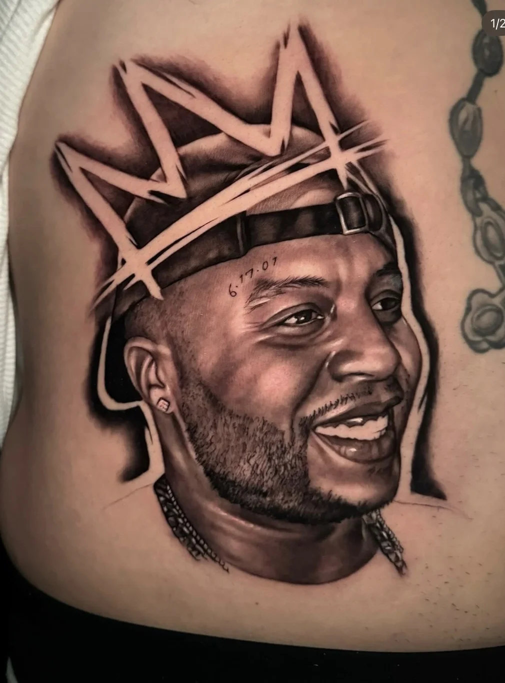 Black & Gray Realism tattoo by Daniel N Tattoo: portrait, man, crown, cap