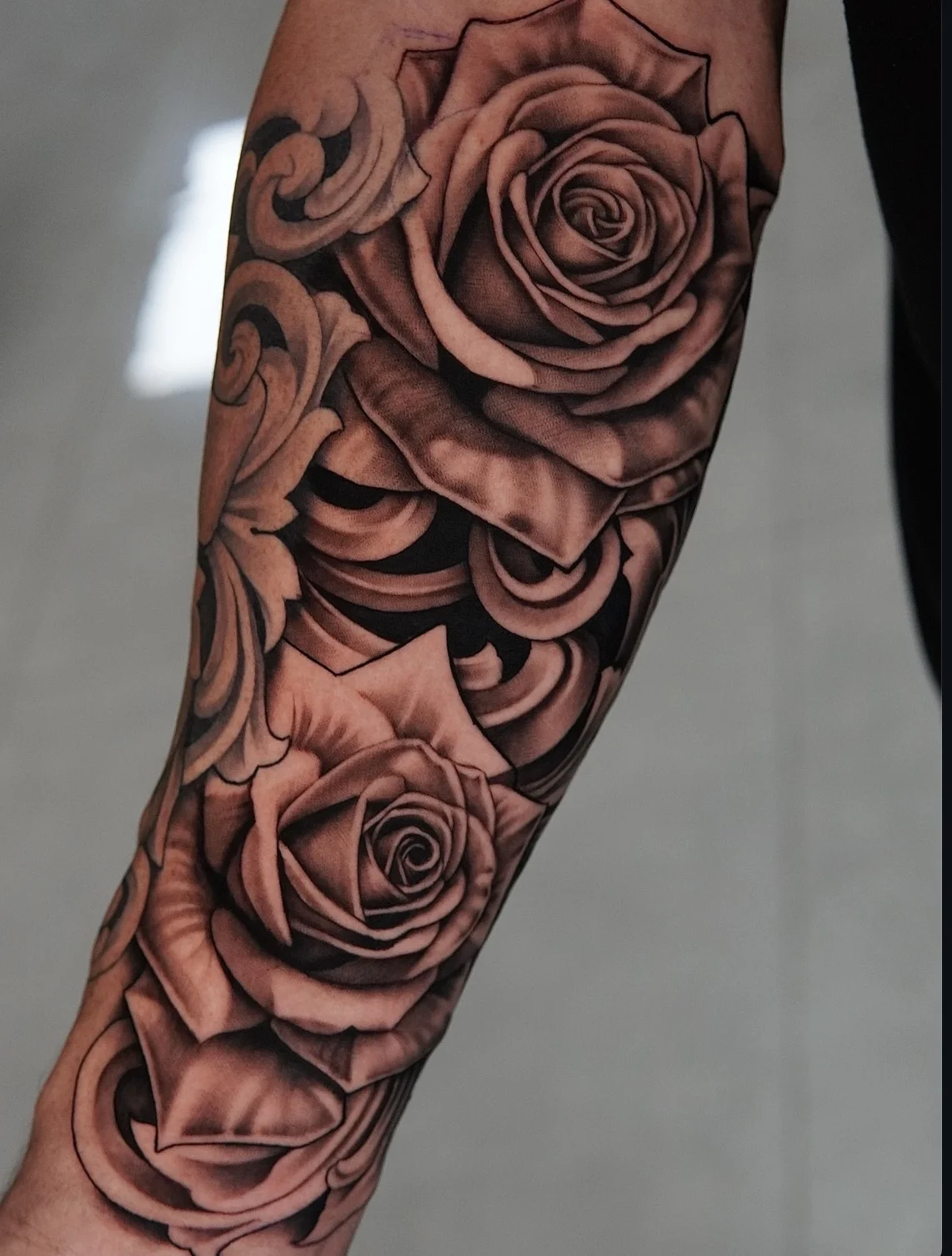 Black & Gray Realism tattoo by Daniel N Tattoo: rose, leaves, floral, nature