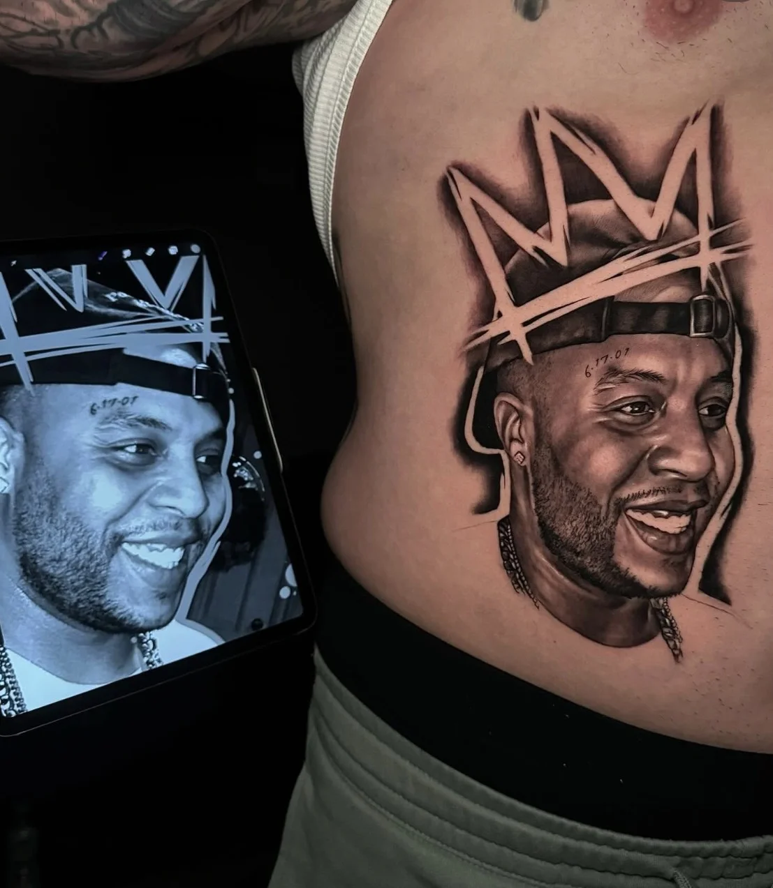 Black & Gray Realism tattoo by Daniel N Tattoo: portrait, man, crown, cap