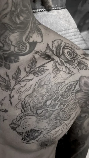 Wolf And Rose Chest Piece