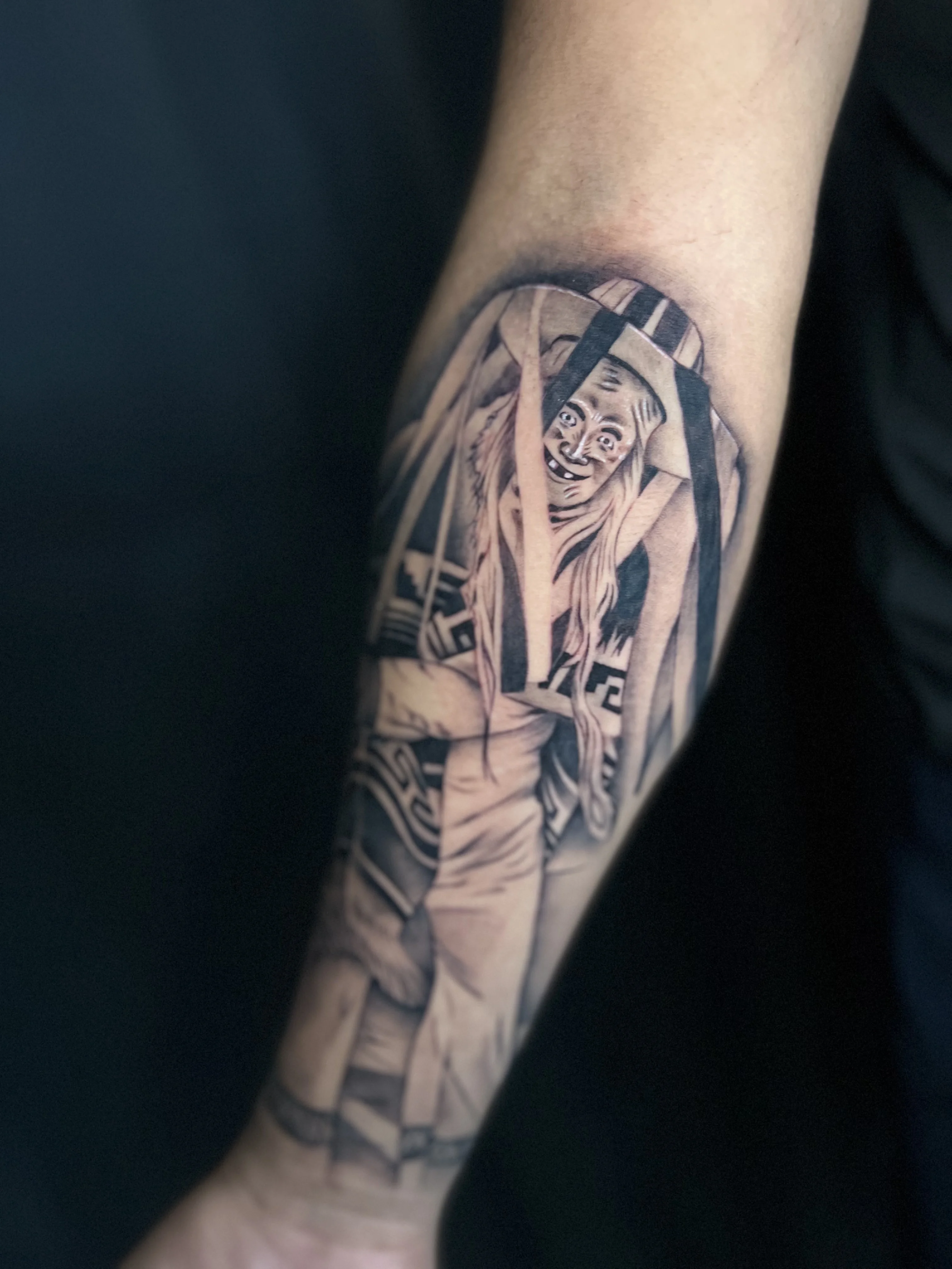 Black & Gray Realism tattoo by Buffy_tatts: masked figure, woman, patterned robe, face mask
