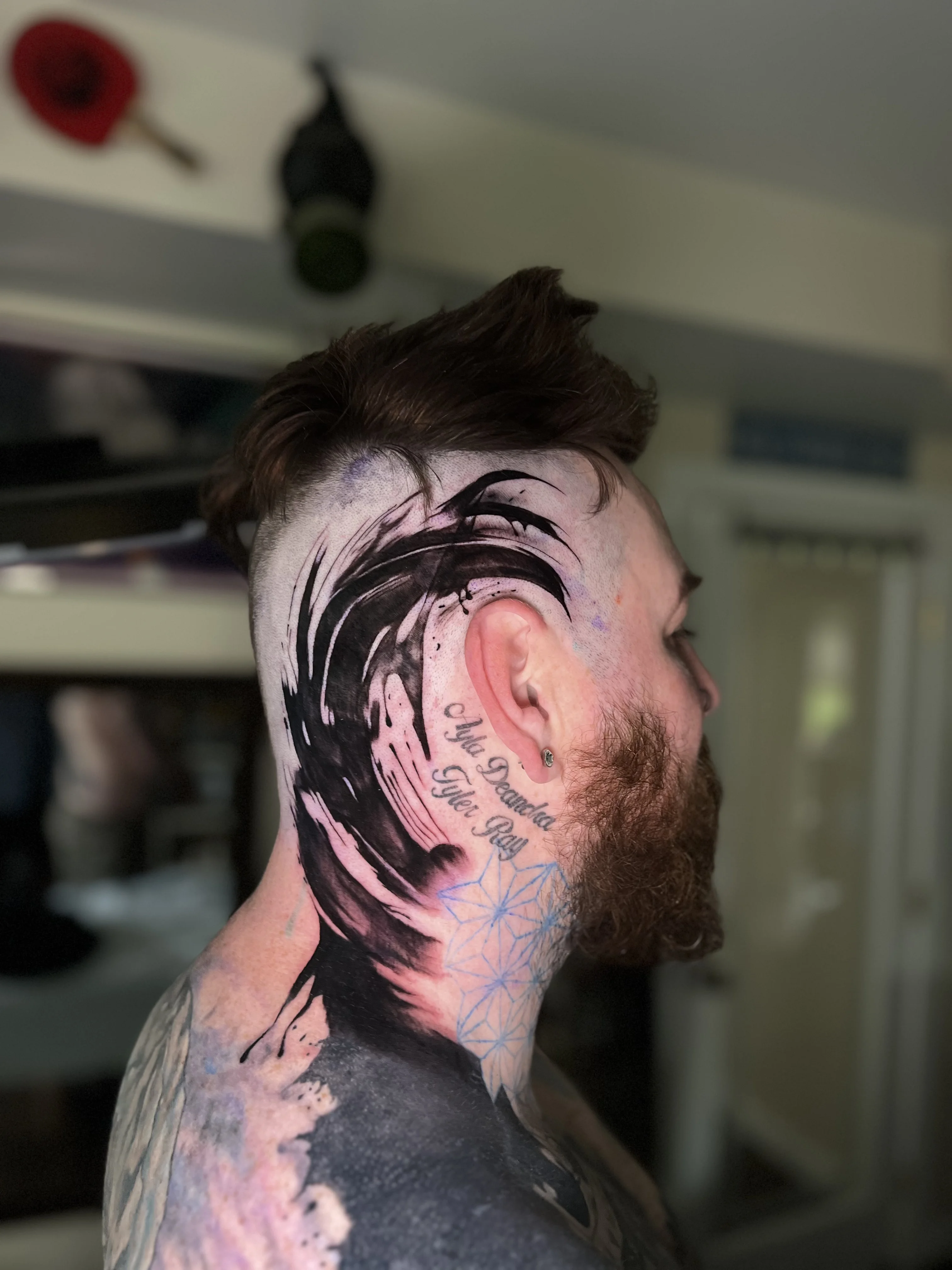 Abstract Wave Blackwork Head Piece: abstract wave, geometric flower of life pattern, script text, abstract, geometric, script