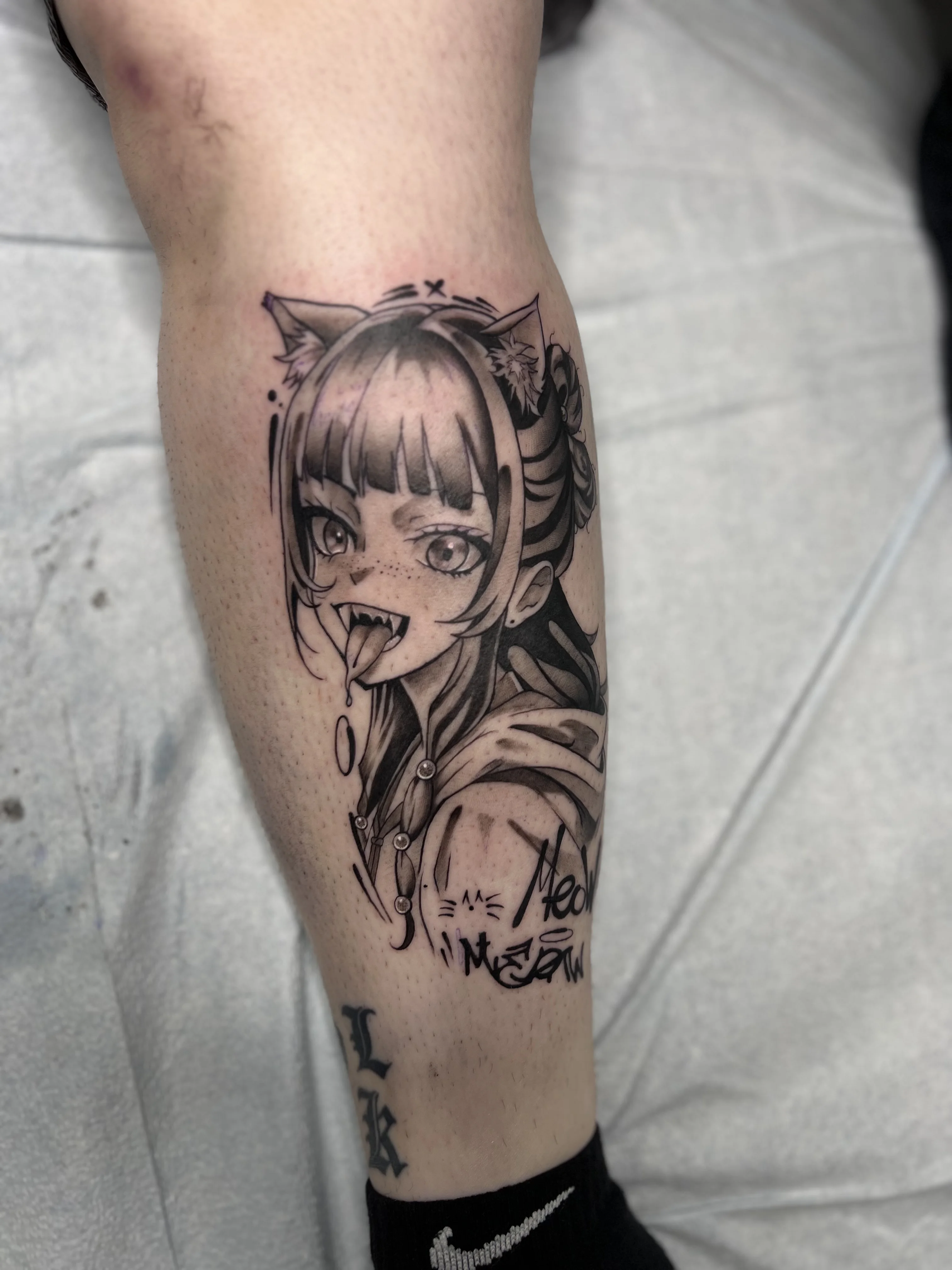 Anime tattoo by Buffy_tatts: girl, cat ears, tongue, long hair