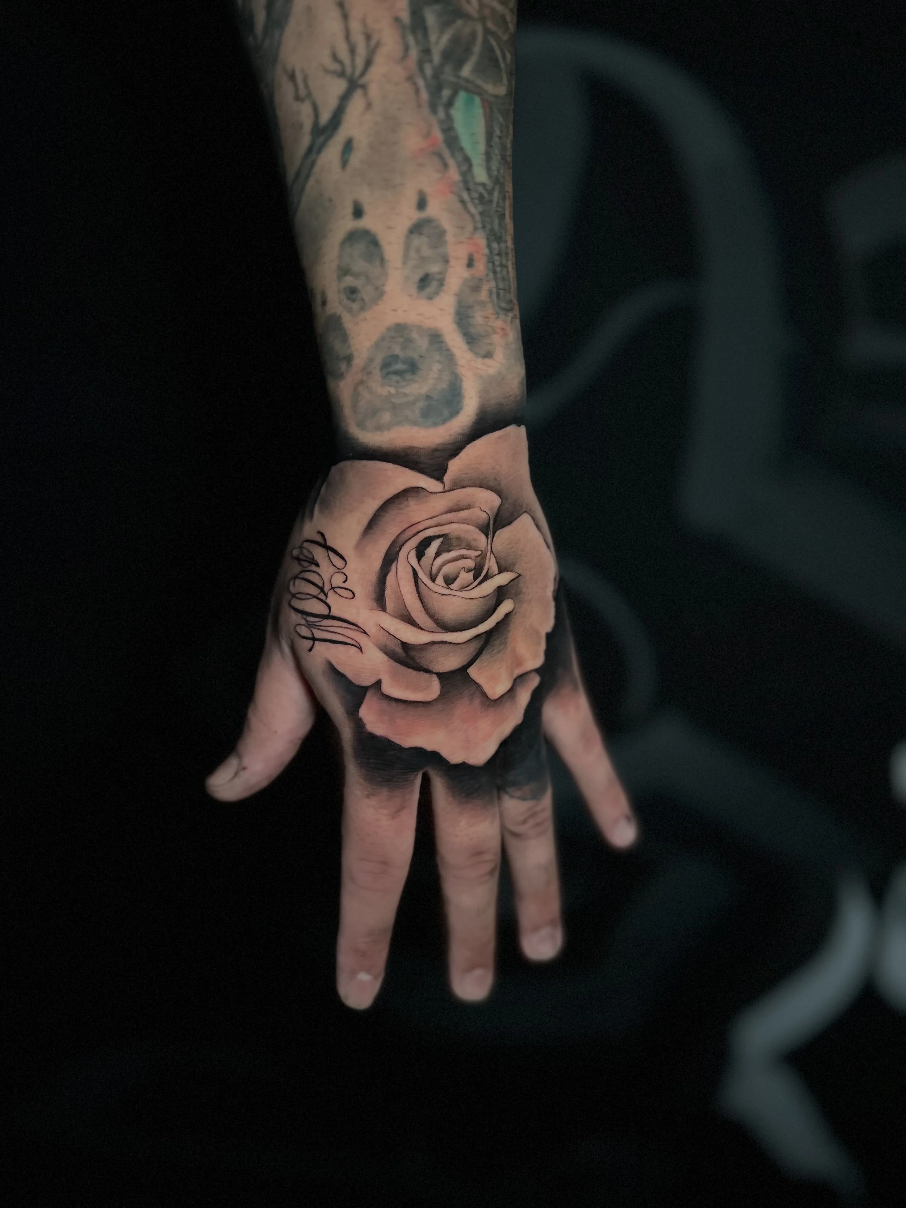 Black & Gray Realism tattoo by Buffy_tatts: rose, paw print, floral, animal