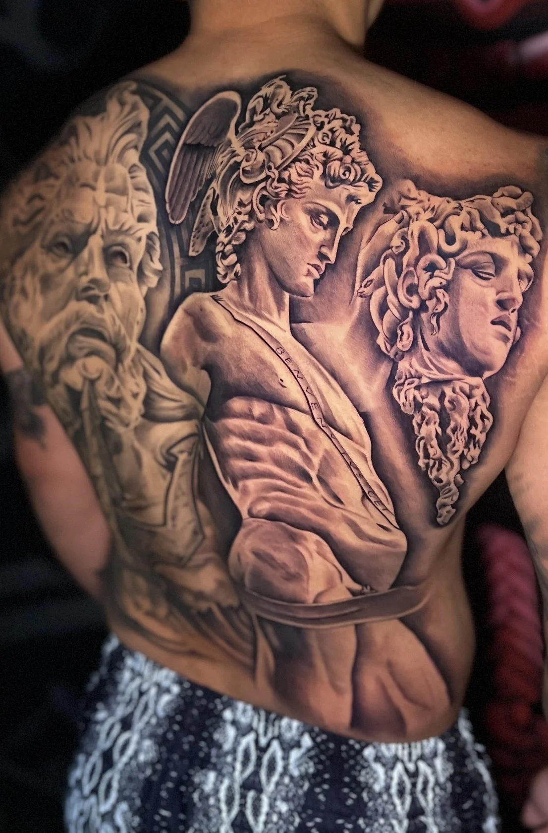 Black & Gray Realism tattoo by Buffy_tatts: ancient warrior bust, medusa head, classical greek sculpture, helmeted statue