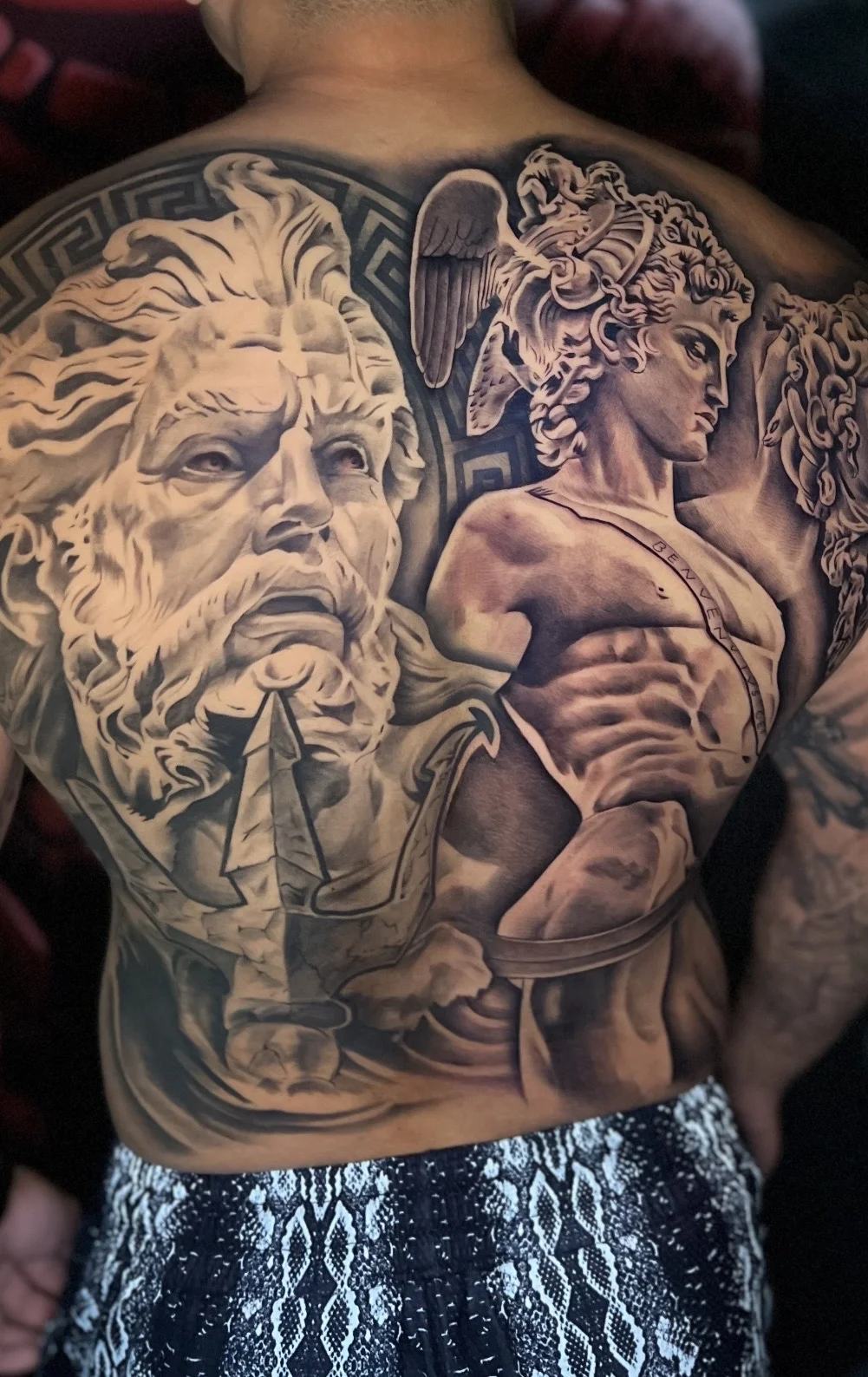 Black & Gray Realism tattoo by Buffy_tatts: god, trident, winged helmet, muscular male figure
