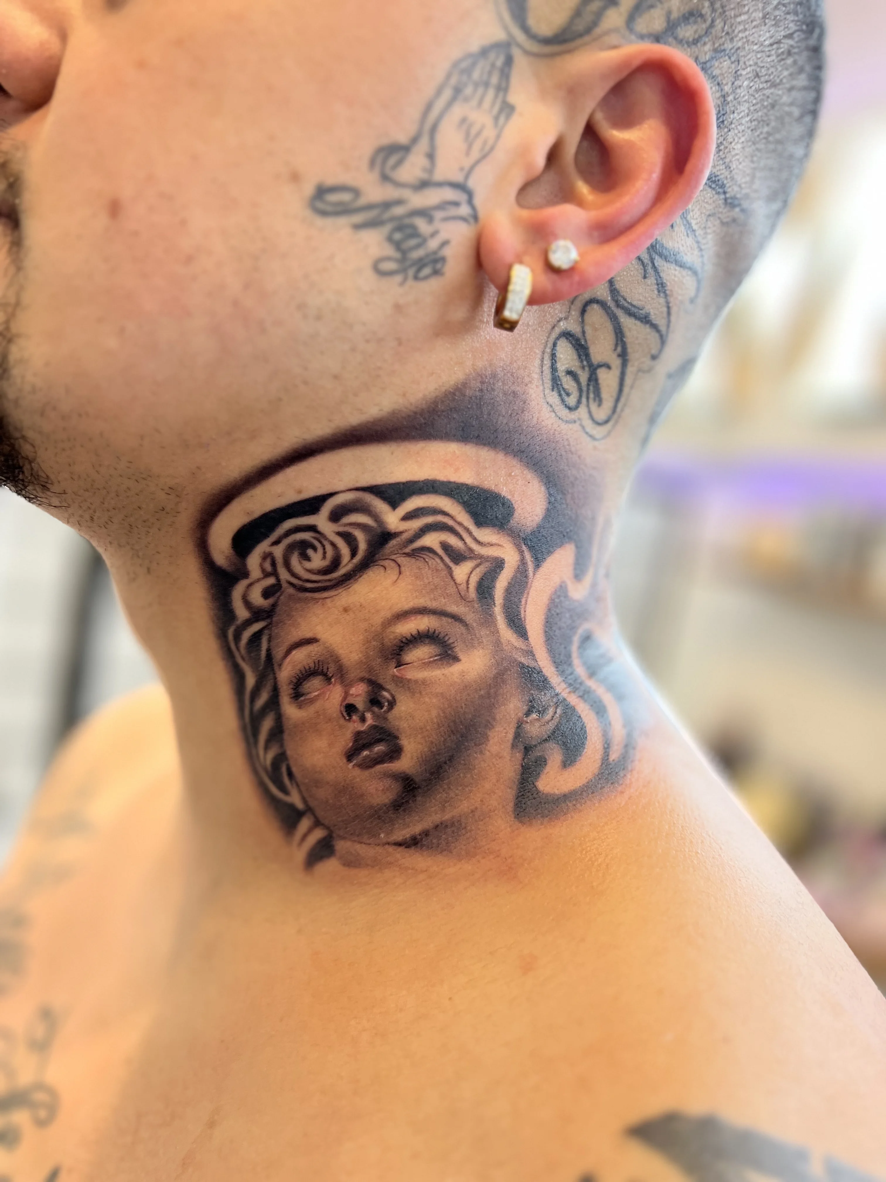 Black & Gray Realism tattoo by Buffy_tatts: child face, halo, curly hair, spiritual