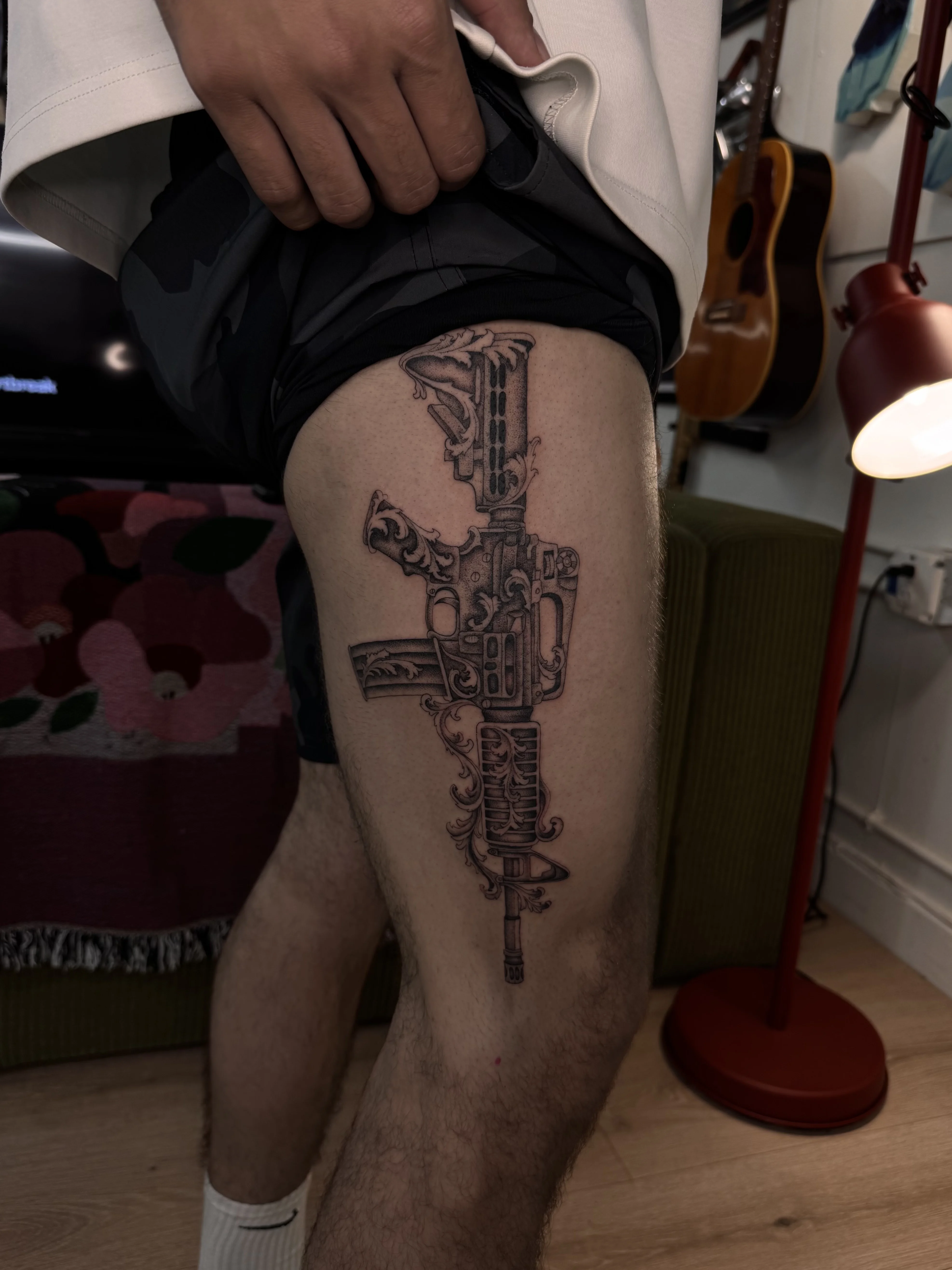 Black & Gray Realism tattoo by Kobe Virgen: ar-15 rifle, gun, weapon, military