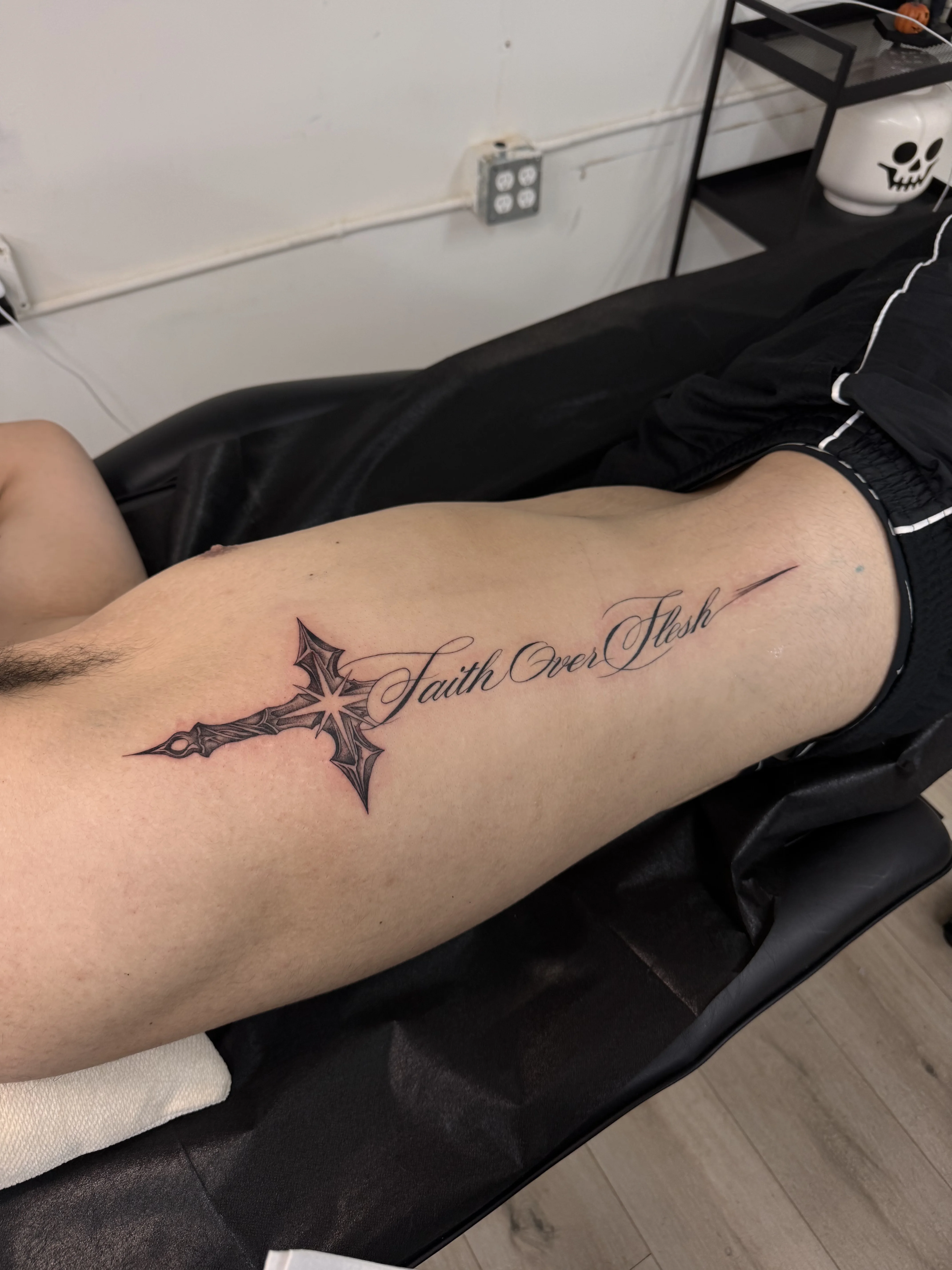 Fine Line tattoo by Kobe Virgen: cross, script text, religious, spiritual