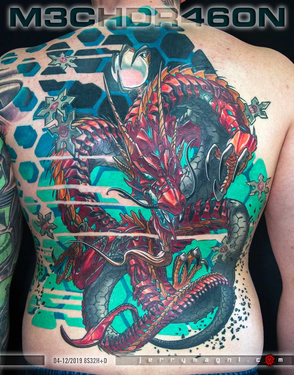 Vibrant Neo-Traditional Dragon Full Back: dragon, shuriken, scales, claws, tongue, mythology