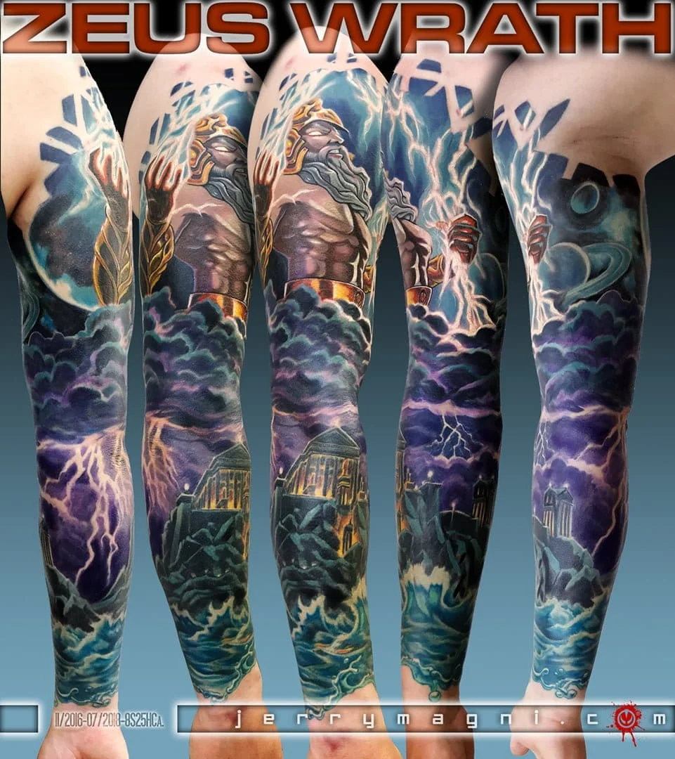 Color Realism tattoo by Jerry Magni: zeus, greek mythology, space, full sleeve tattoo