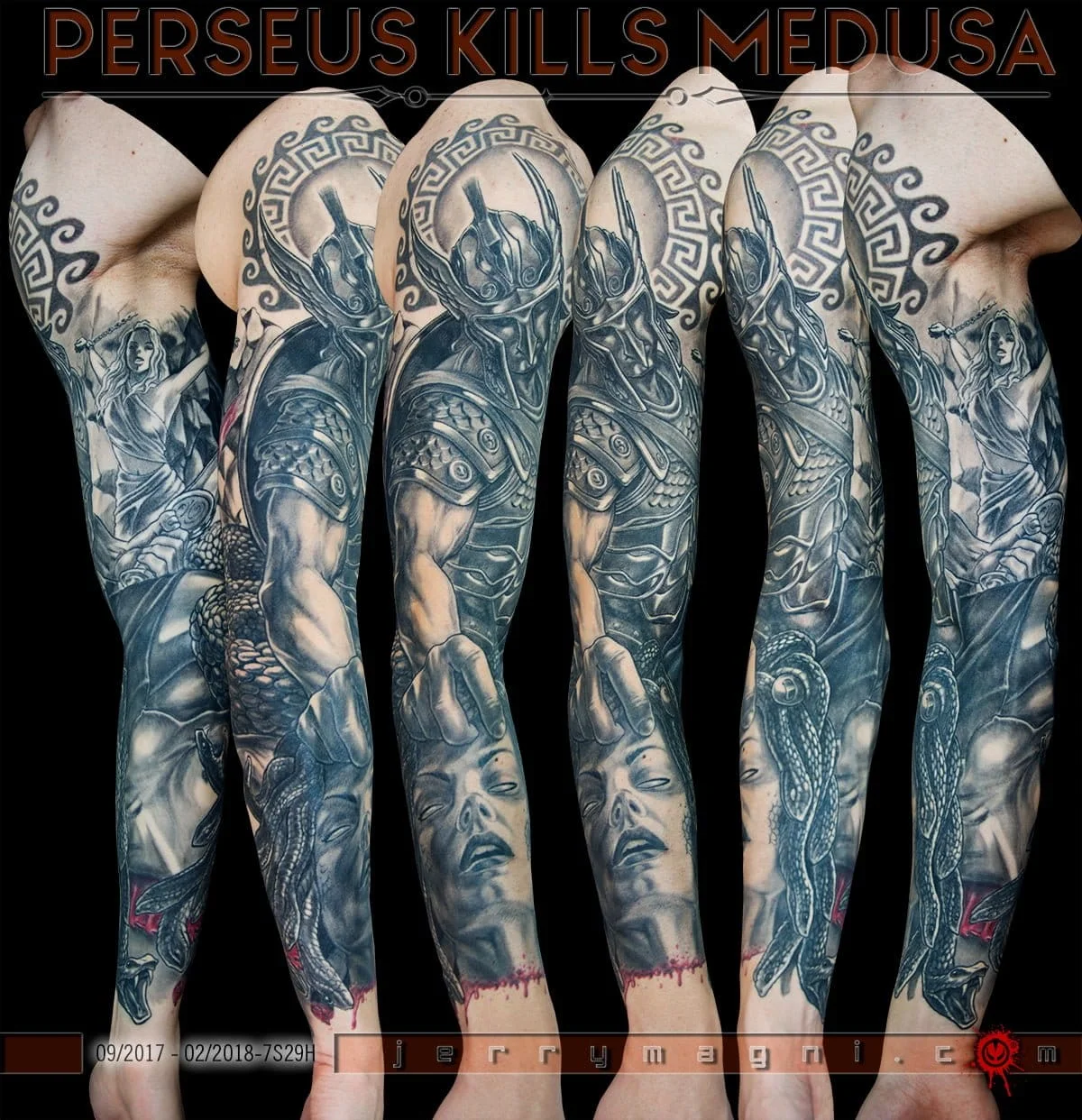 Black & Gray Realism tattoo by Jerry Magni: perseus, medusa, helmet, armor