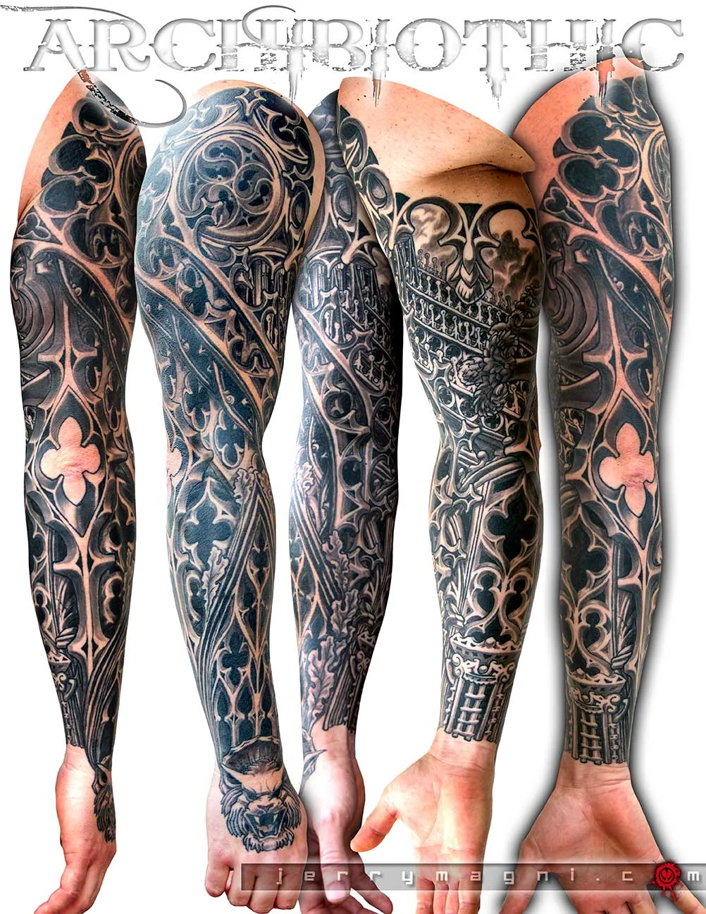 Gothic Blackwork Full Sleeve: gothic architecture, filigree, lion head, ornamental patterns, gothic, dark