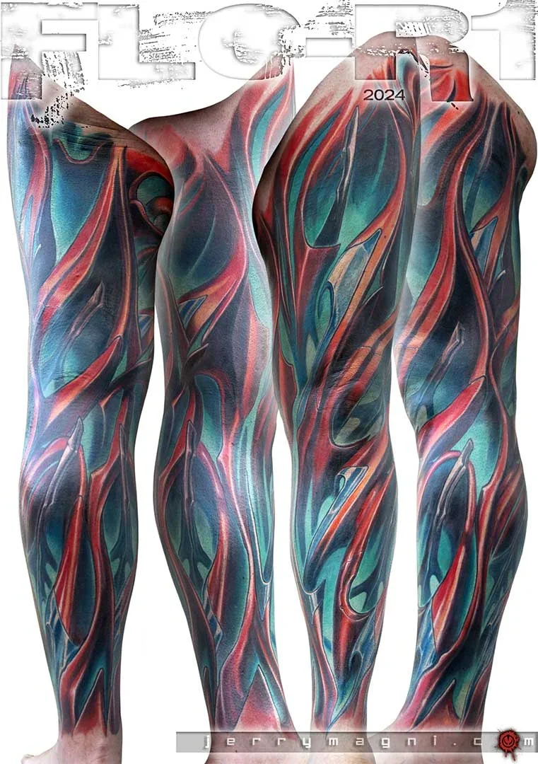 Biomechanical tattoo by Jerry Magni: abstract biomechanical shapes, flames, muscle-like textures, biomechanical