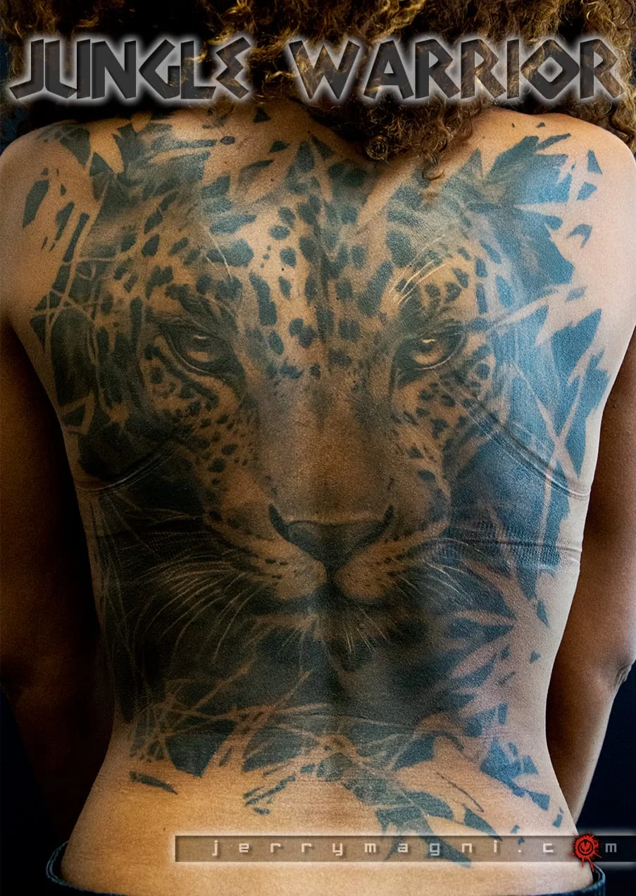 Black & Gray Realism tattoo by Jerry Magni: leopard, jungle leaves, animal, nature