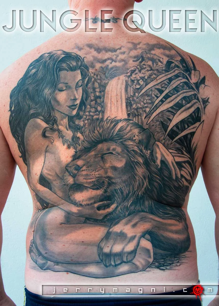 Black & Gray Realism tattoo by Jerry Magni: woman, lion, realism, tiger