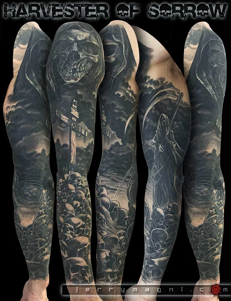 Black & Gray Realism tattoo by Jerry Magni: grim reaper, scythe, cross, skulls
