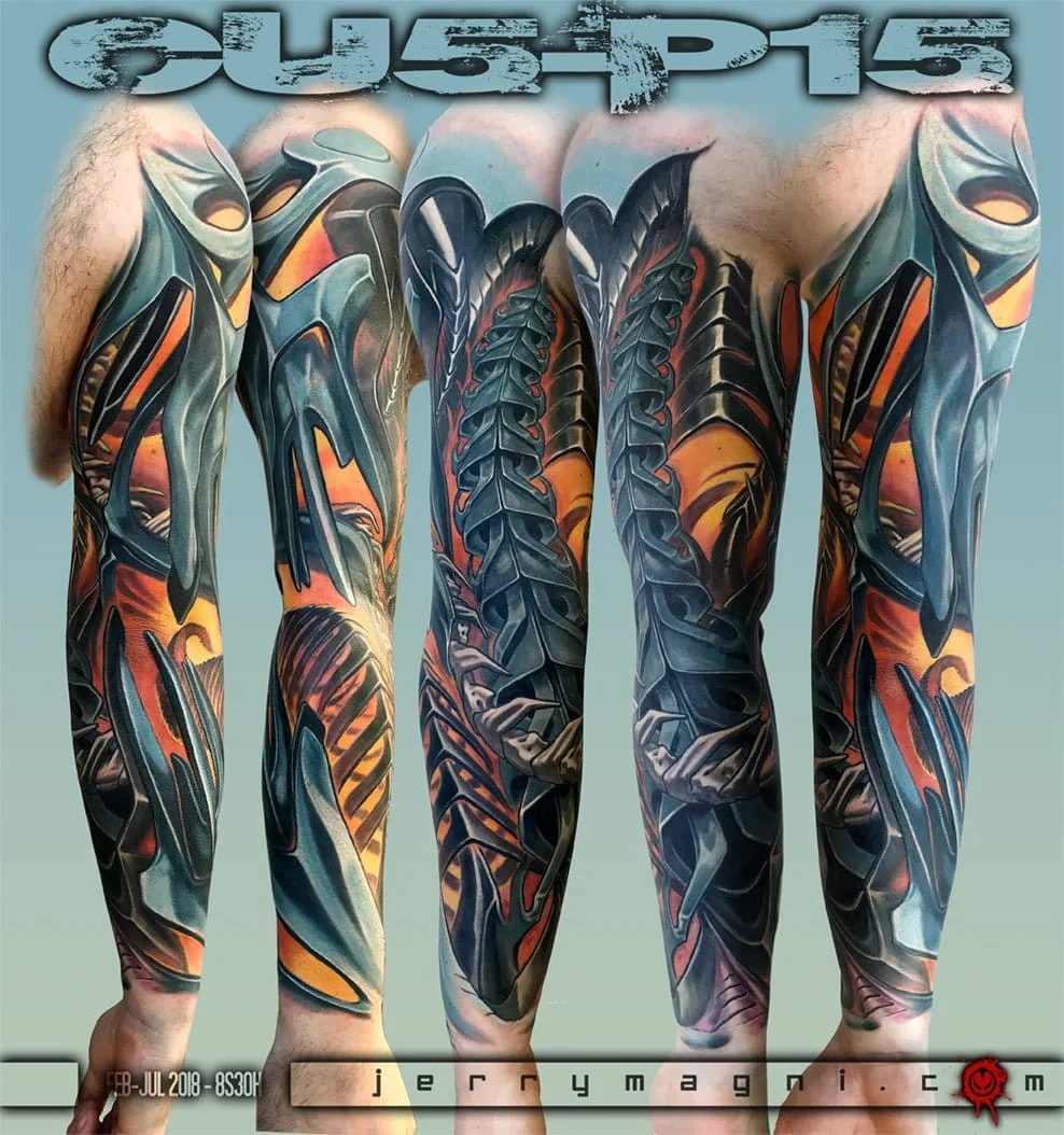 Biomechanical tattoo by Jerry Magni: biomechanical structures, metallic parts, organic elements, futuristic design