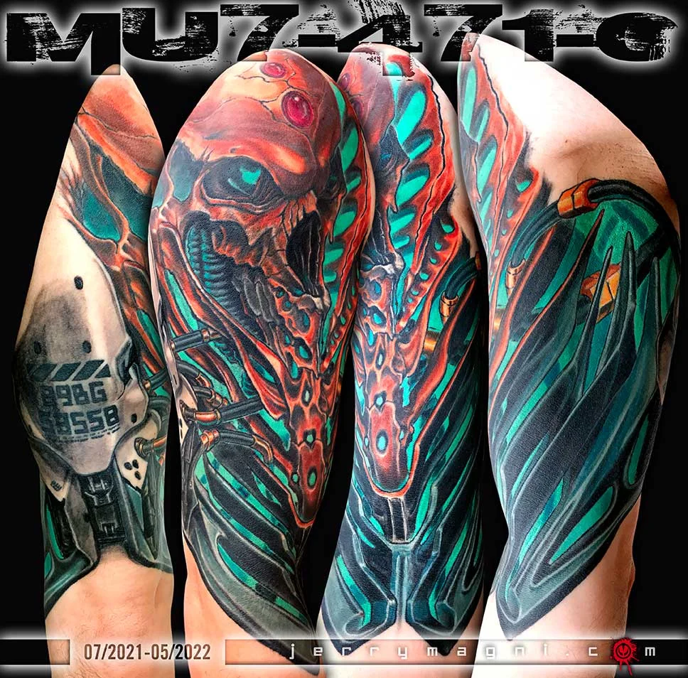 Biomechanical tattoo by Jerry Magni: skull, bones, mechanical parts, joints