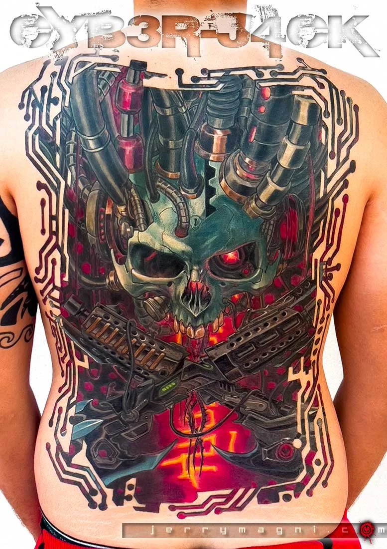 Biomechanical Skull Full Back: skull, mechanical tubes, wires, guns, circuit board pattern, dark