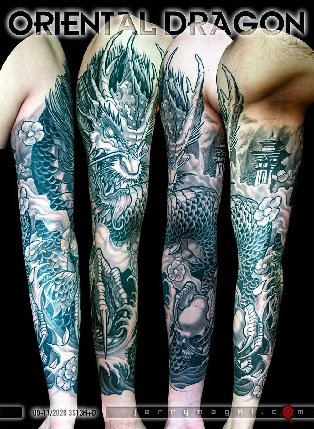Japanese tattoo by Jerry Magni: oriental dragon, scales, flowers, pagoda