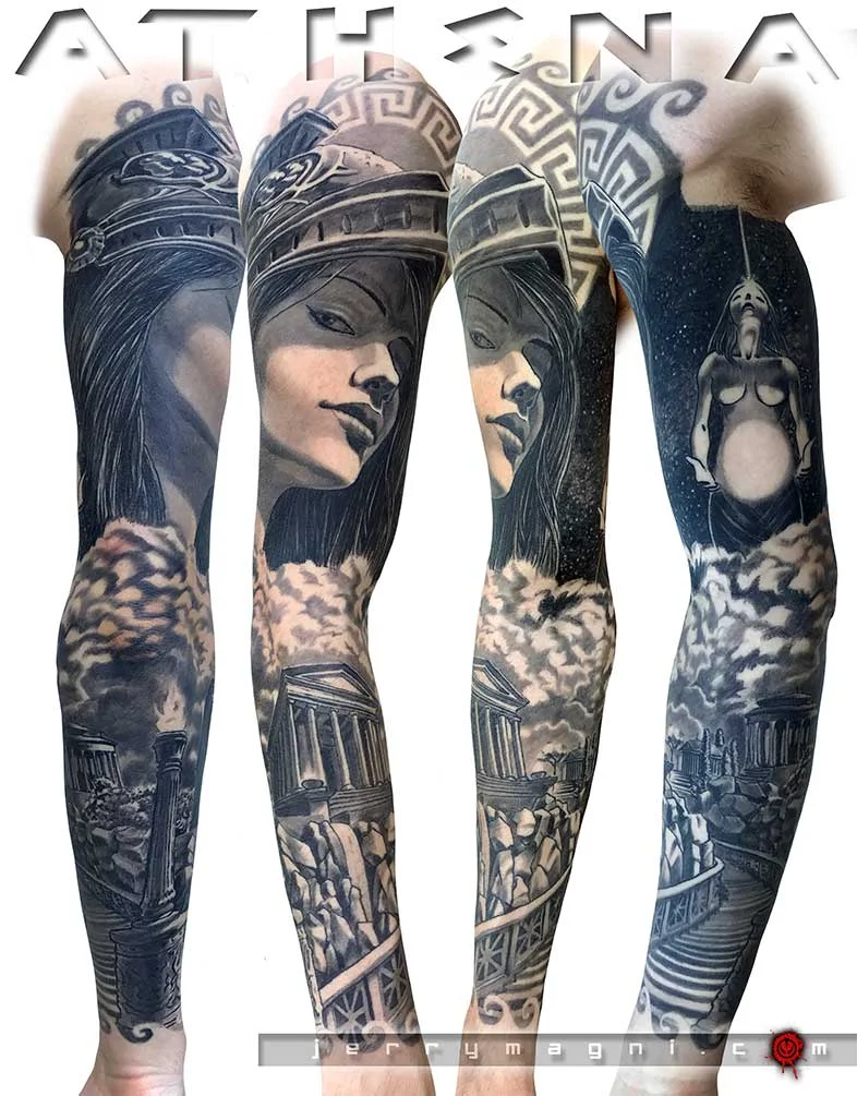 Athena Black & Grey Full Sleeve: athena, helmet, clouds, temple, female figure, stairs