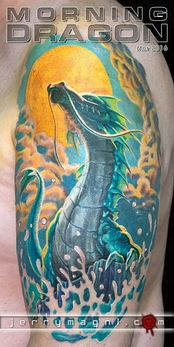 Neo-Traditional tattoo by Jerry Magni: dragon, waves, sun, clouds