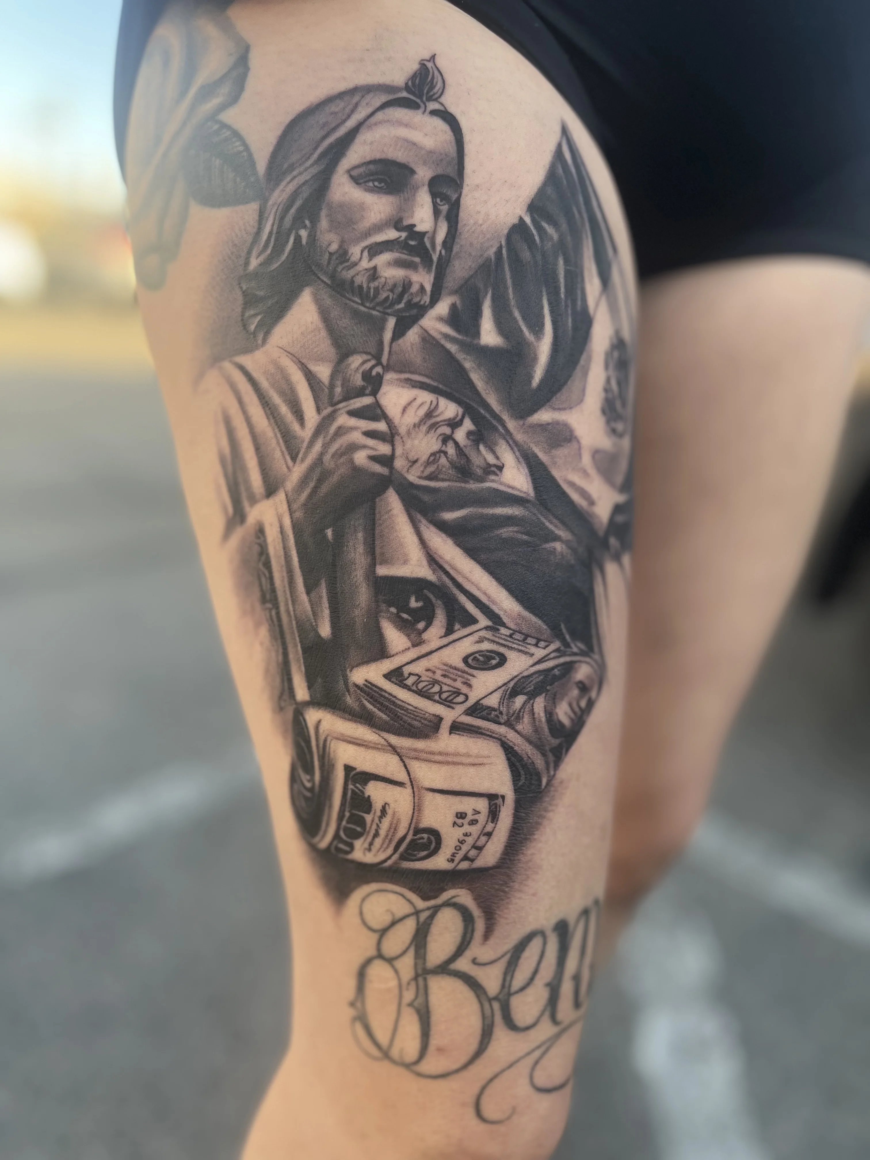 Black & Gray Realism tattoo by EL TAKAS: jesus, roll of money, face, hand