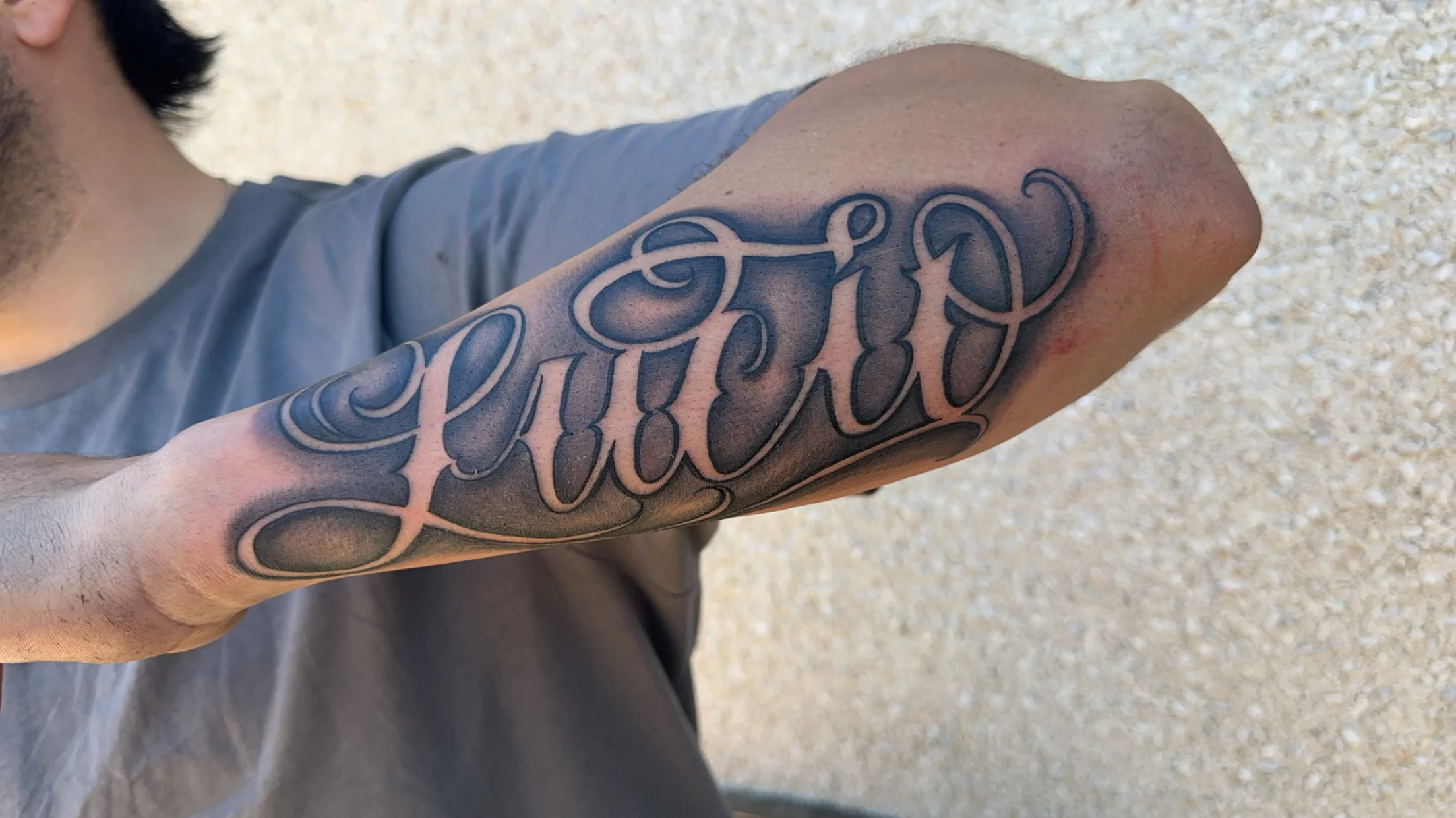 Black & Gray Realism tattoo by EL TAKAS: script, lettering, masculine, bold