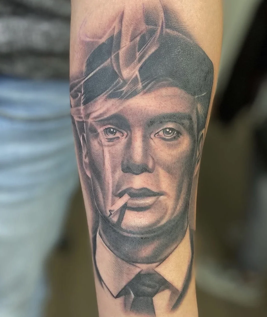Black & Gray Realism tattoo by EL TAKAS: man, beret, cigarette, smoke
