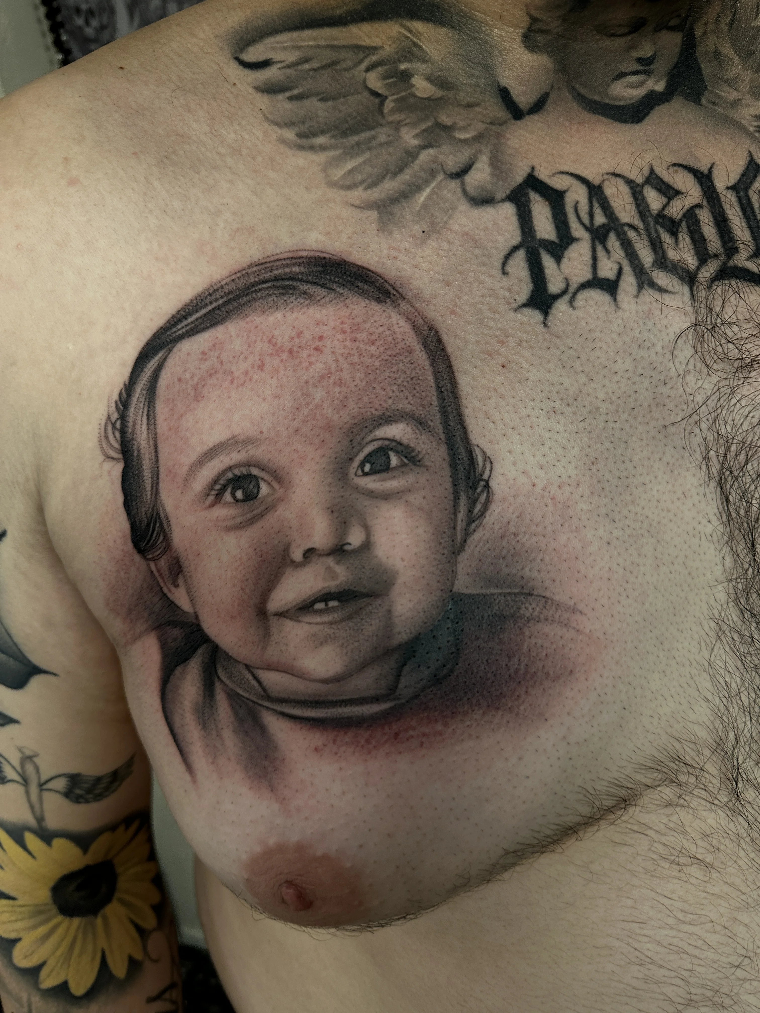 Realistic Baby Portrait Chest Piece: baby, infant, child, portrait, face, memorial