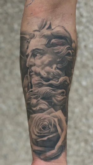 Mythological Bearded Man and Rose Forearm
