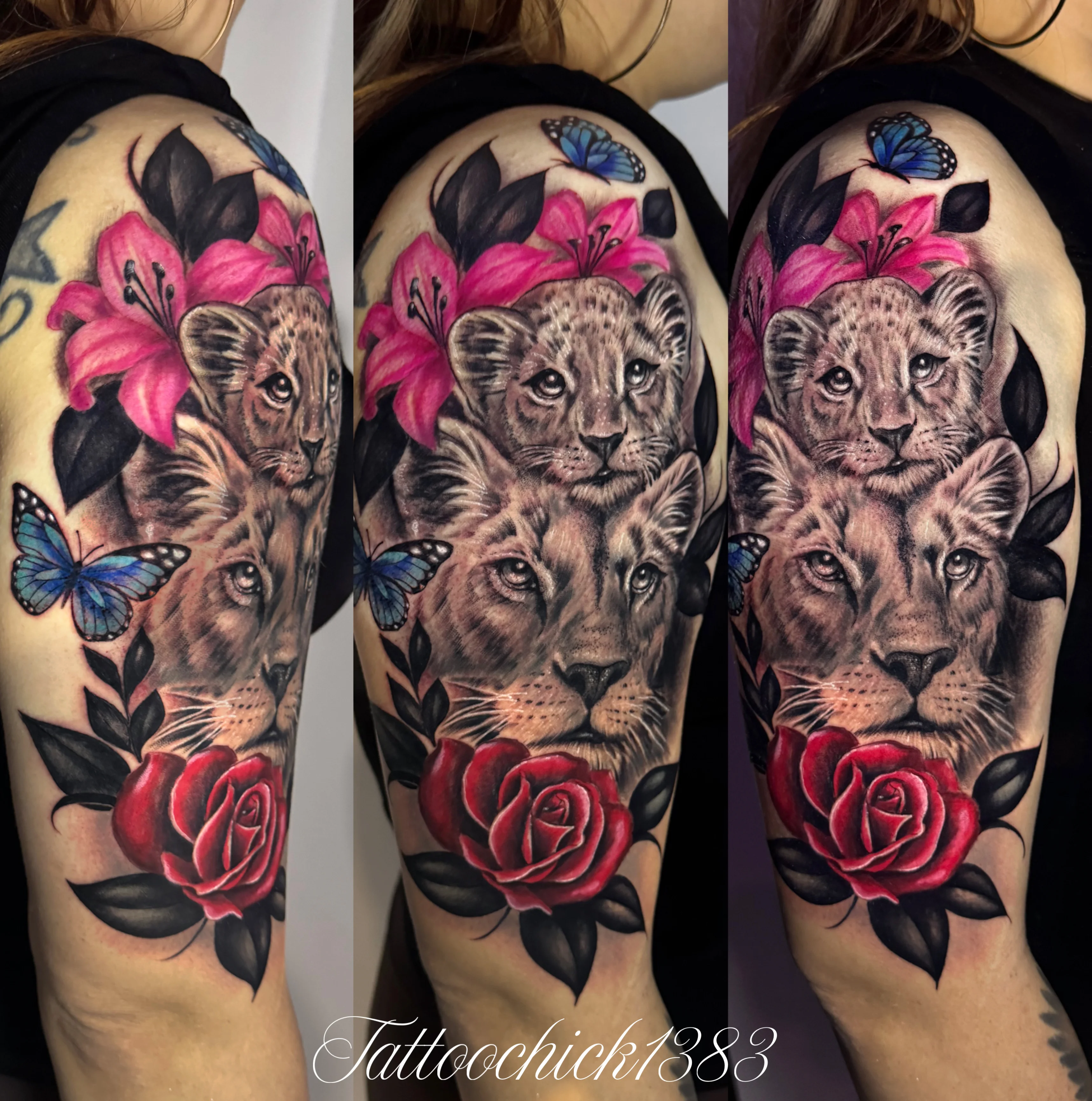 Color Realism tattoo by Tattoo Chick: lion cub, lion, rose, butterfly