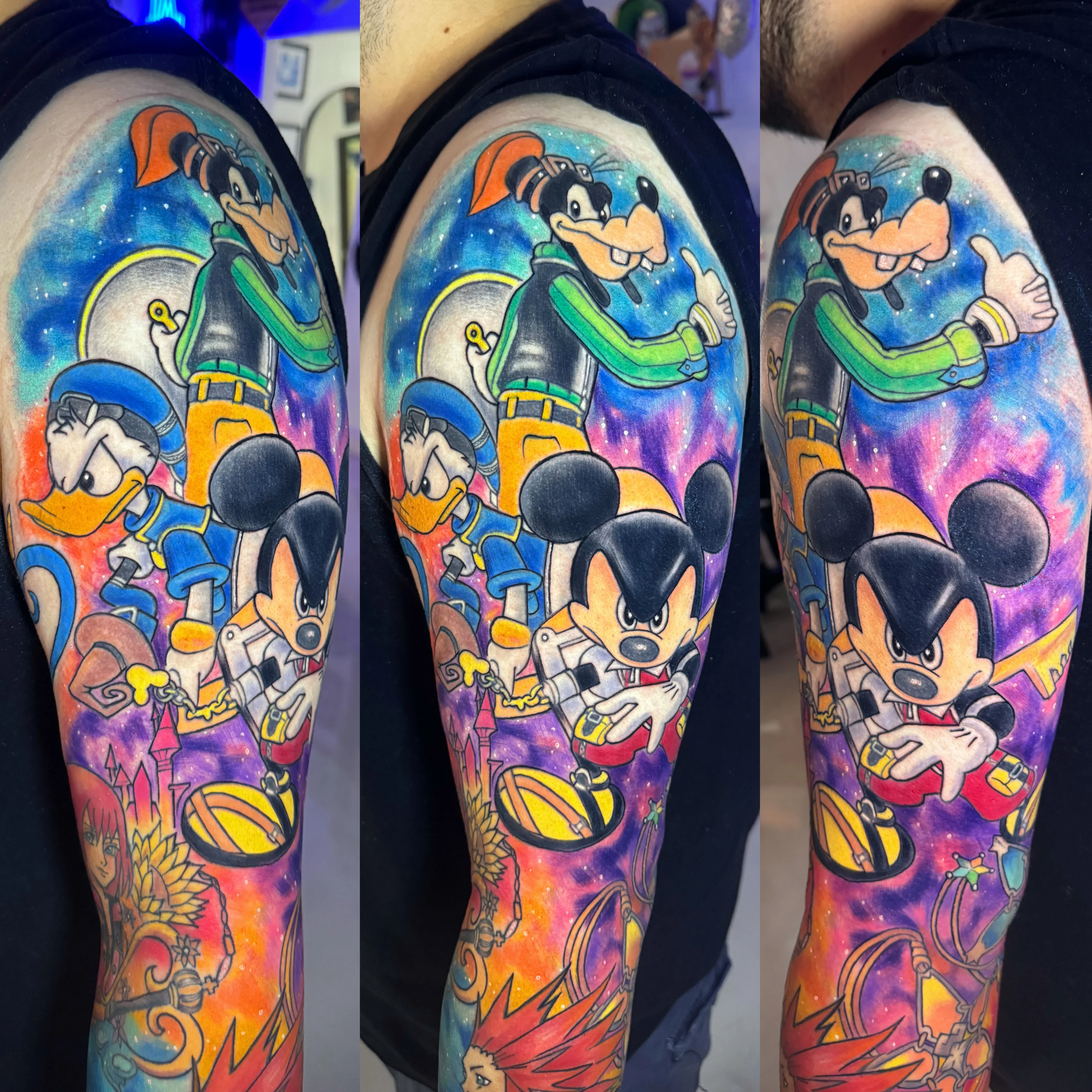 New School tattoo by Tattoo Chick: goofy, donald duck, mickey mouse, clock