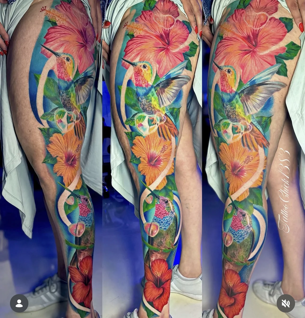 Color Realism tattoo by Tattoo Chick: hummingbird, hibiscus flower, leaves, nature