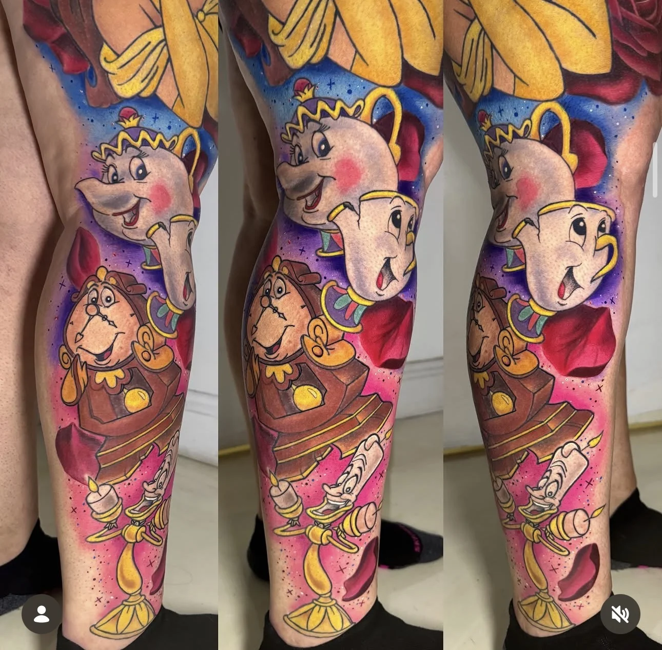 Beauty and the Beast Full Leg Colorful Piece: teapot, teacup, clock, candelabra, rose petals, disney