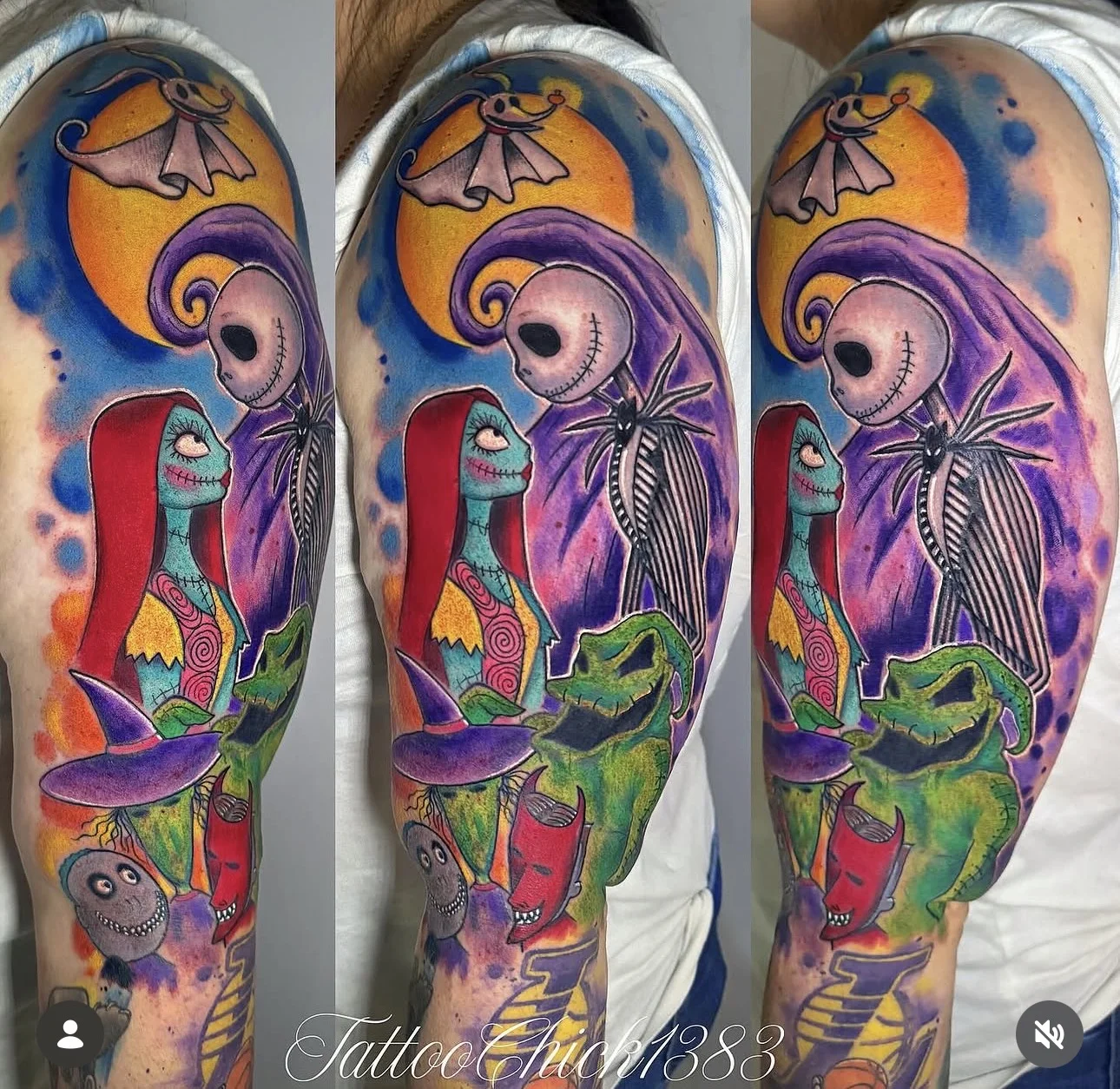 Neo-Traditional tattoo by Tattoo Chick: jack skellington, sally, oogie boogie, zero (ghost dog)