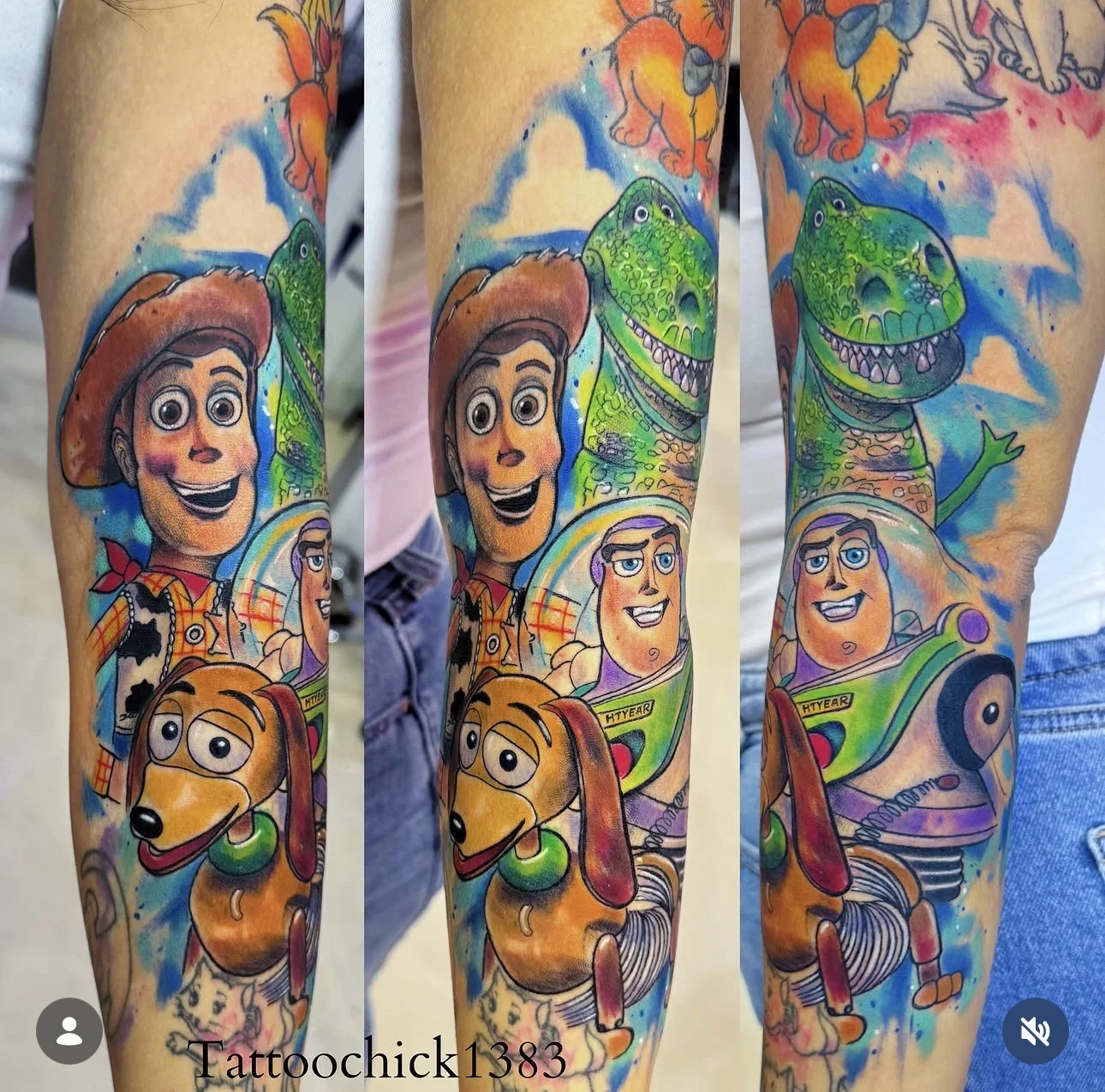 New School tattoo by Tattoo Chick: woody, buzz lightyear, rex, slinky dog